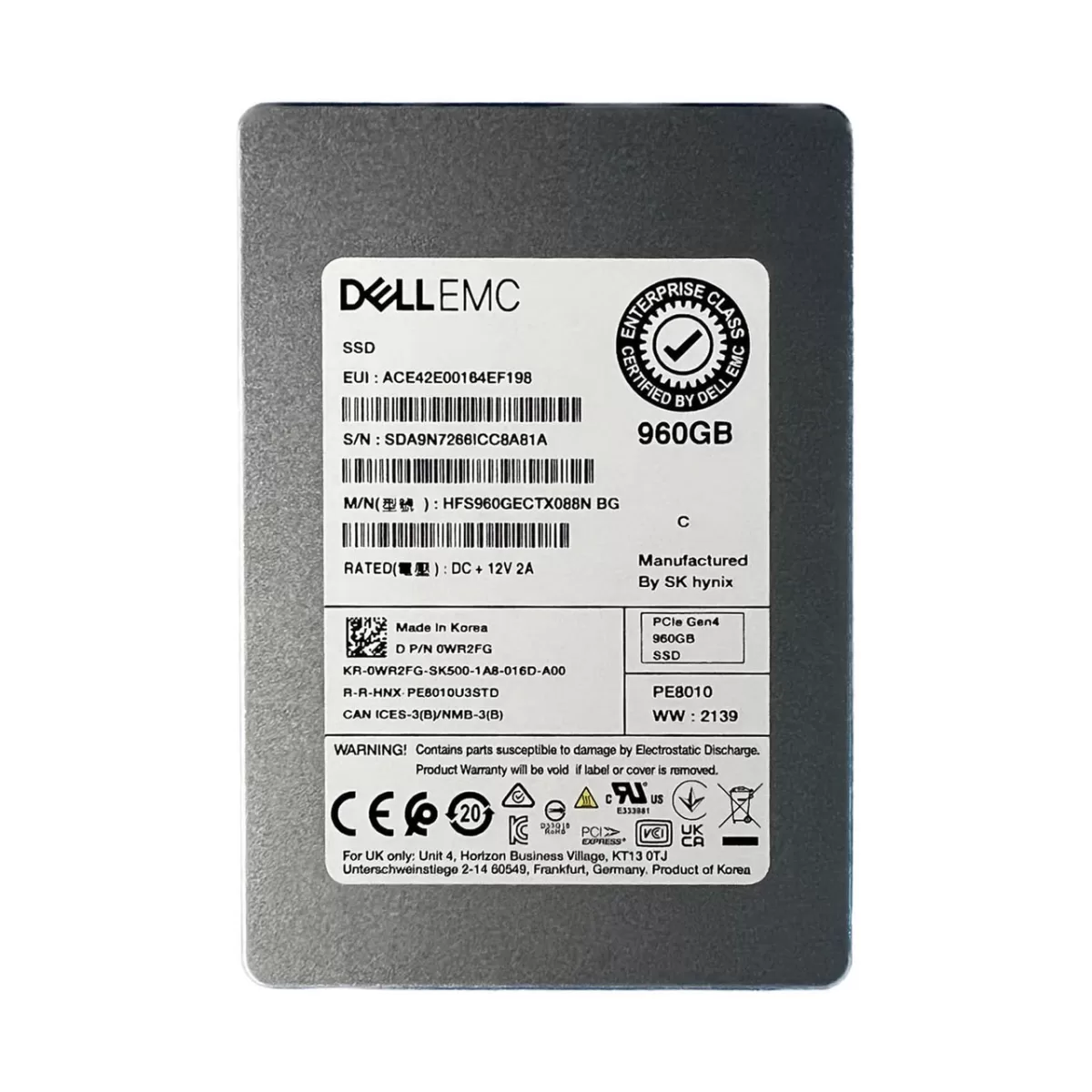 DISCO SSD DELL KIOXIA 960GB CD7-R SERIES NVME PCIE 4.0 X4 U.2 2.5" SFF READ INTENSIVE SDF1B86DAB03T KCD71RUG960G PRODUCTO DE SEGUNDO USO