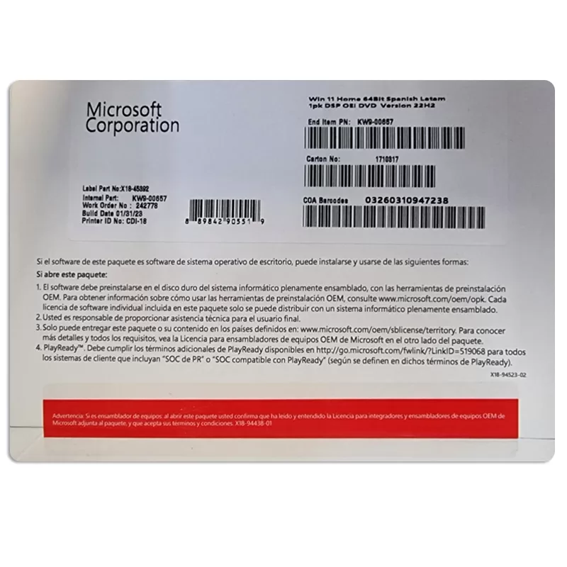 Sistema Operativo Microsoft Windows Home 11, 64 bits, español, 1pk, DSP OEM DVD.