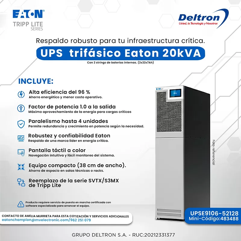 UPS Trifasico Eaton 20kVA, con 2 strings de baterias internas (2x32x7Ah)
