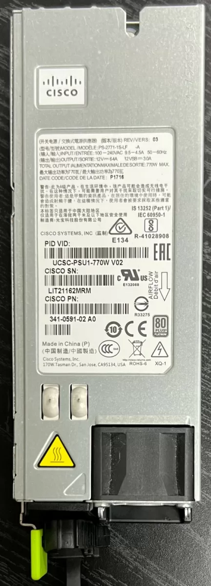 Fuente de Poder Cisco 341-0591-02 770W para Cisco UCS C220 M4 Server UCSC-PSU1-770W