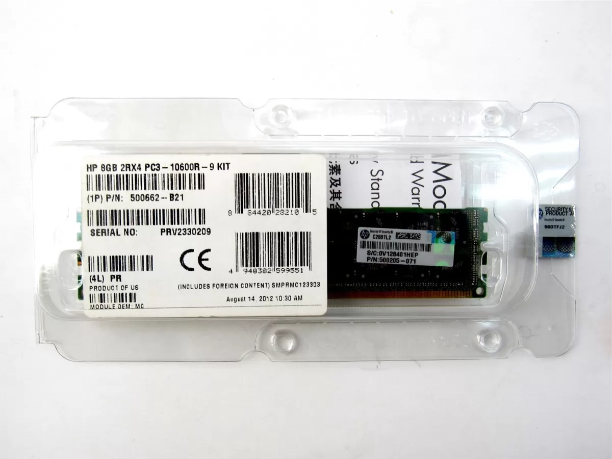 Memoria HP 500205-071 8GB DDR3 1333MHz, DDR3-1333 PC3-10600, 240p DIMM, ECC,  1.5v  500662-B21 500205-071 G6 G7 DL380G6 DL380G7 DL360G6 DL360G7 DL580G7 