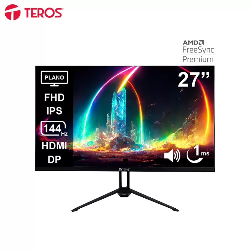 Monitor plano TEROS TE-2714S, 27" FHD IPS, 144Hz, 1ms, HDMI, DP, Audio out, Parlantes