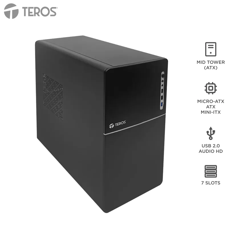 Case TEROS TE-1038S, Factor de forma ATX, 250 W, USB 3.0 / 2.0, audio, negro.