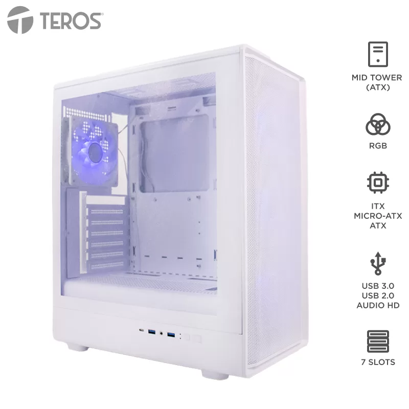Case sin fuente Gamer TEROS TE-1329G, ITX, M-ATX, ATX, 3.5" y 2.5", Blanco