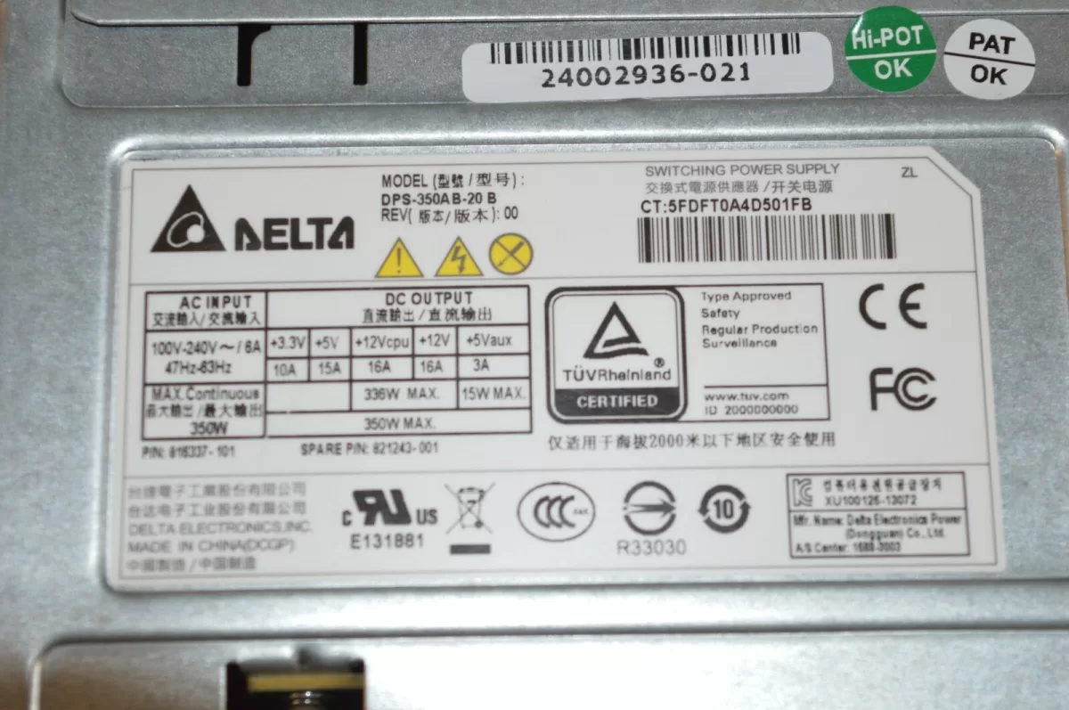Fuente de Poder HP 816337-101 ML30 G9 350W DPS-350AB-20 821243-001 Usado Garantia 12 Meses