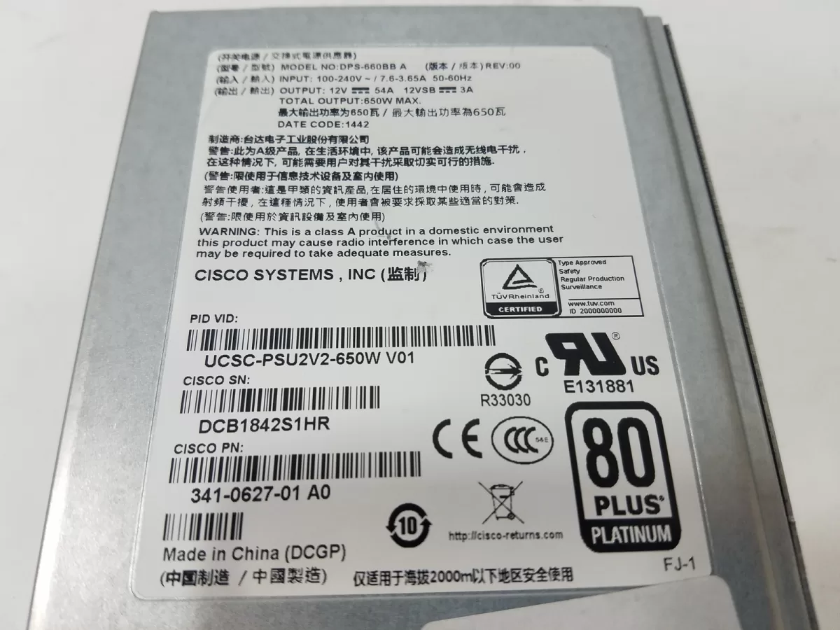 Fuente de Poder Cisco DPS-660BB 341-0627-01 Hot Swap 650W  2U C-Series Retirado de Equipo en Uso Garantia 12 Meses