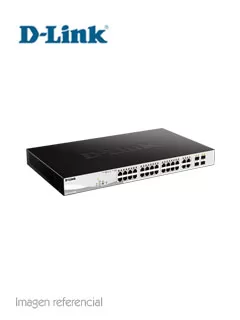 Switch D-Link DGS-1210-28MP, Capa L2, 24 RJ-45 GbE, PoE, 4 puertos GbE/SFP. Capacidad Switching 56 Gbps, rendimiento 41.7 Mpps, soporte 24 puertos RJ-45 10/100/1000 Mbps, 4 puertos SFP 1GbE, memoria 1