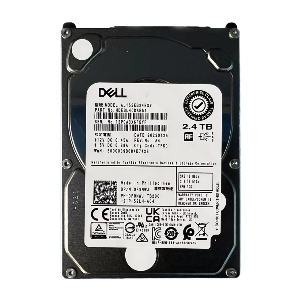 Disco duro Dell 2.4TB SAS 12 Gbps 10000 RPM, 2.5 512e. 0F9NWJ AL15SEB24EQY - Retirado de equipos - Garantia 12 Meses.