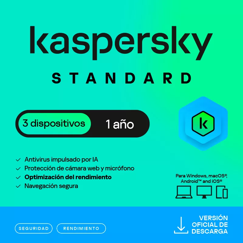 Antivirus Kaspersky Standard, para 3 PCs, Lic 1 año, Producto Virtual.
