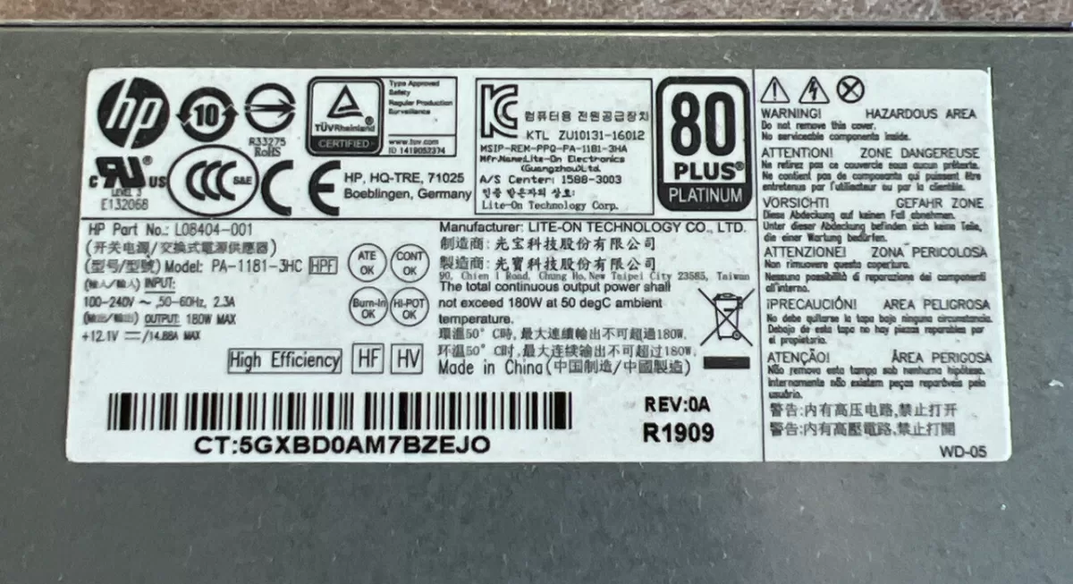 Fuente de Poder HP ProDesk 600 G4 EliteDesk 705 G4 SFF 180W 4-Pin L08404-001 Retirado de Equipo en Uso Garantia 12 Meses
