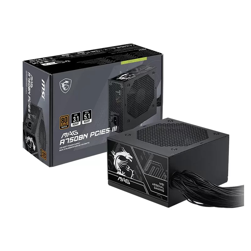 Fuente de alimentación MSI MAG A750BN PCIE5 III, 750W, 80 PLUS Bronze, Formato ATX.