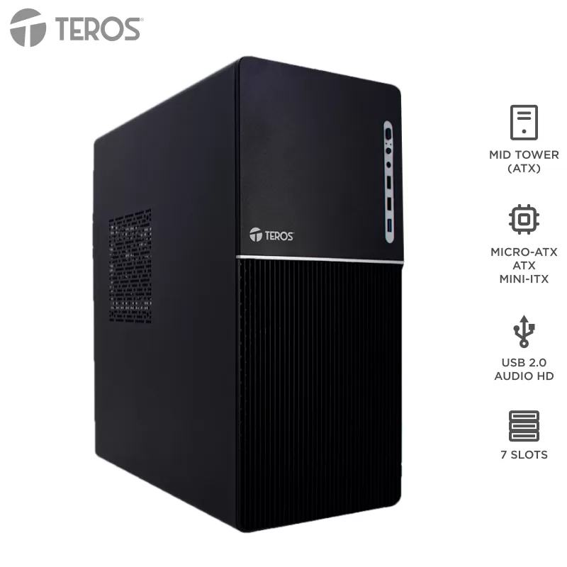 Case Teros TE-1037S, Factor de forma ATX, 250 W, USB 3.0 / 2.0, Audio, Negro.