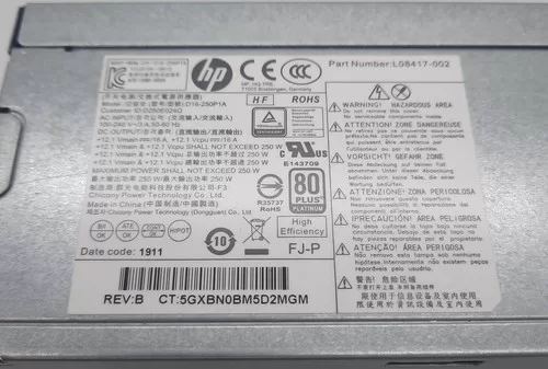 Fuente HP HP L08417-002 4-Pin 250W SFF ProDesk 800 G4 Pavilion 590 - Retirado de Equipo en Uso Garantia 12 Meses