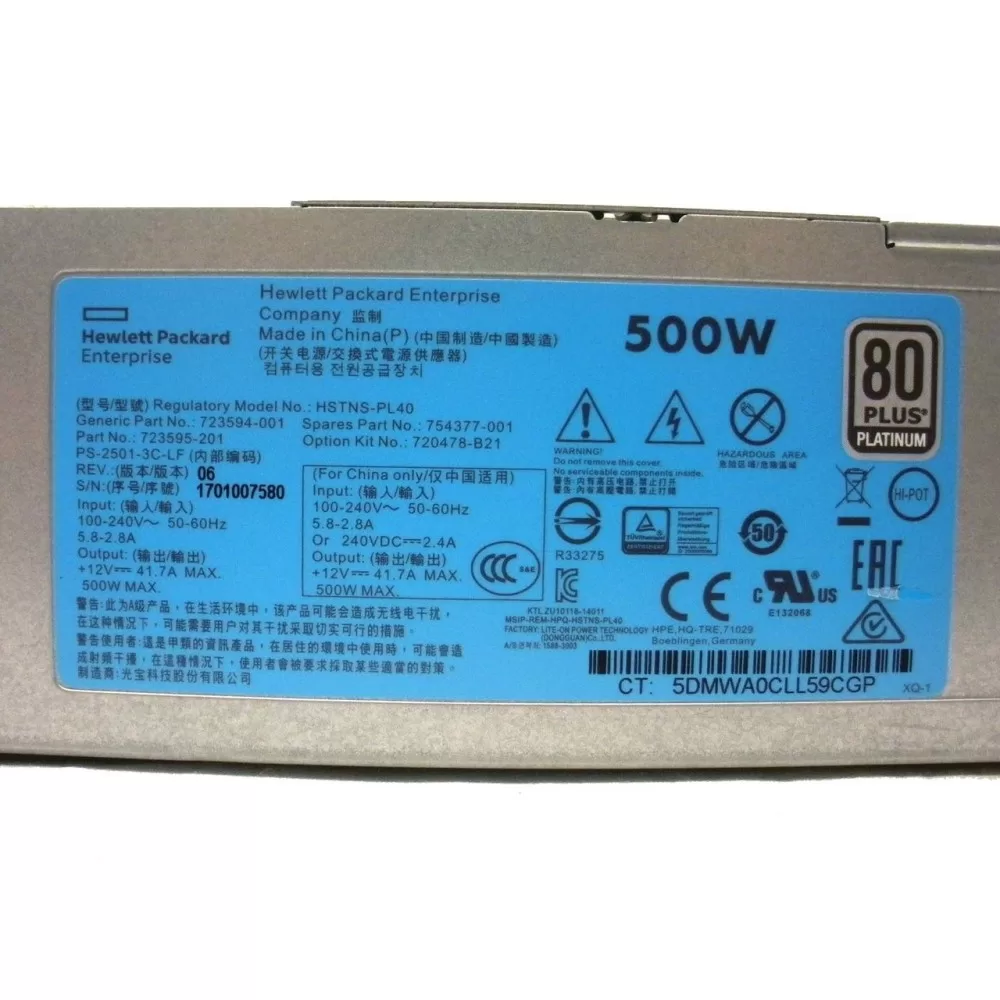 Fuente HPe para Servidor HP G9 500w Platinum PSU 723594-001 723595-101 754377-001 720478-B21 - Retirado de Equipo en uso Garantia 12 Meses