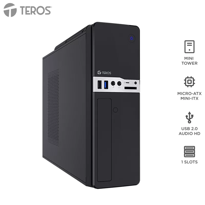 Case Teros TE-1032S, Slim, 250 W, USB 3.2 / USB 2.0, Audio HD, DVD, Negro
