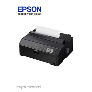 Impresora matricial Epson LQ-590II, matriz de 24 pines, Paralelo / USB 2.0, 100V - 240VAC. Impresión en color negro, velocidad máxima 584 cps (12 cpi), fuente de 160 columnas (20 cpi), alimentación por fricción / tracción / empuje, buffer de entrada 128KB, nivel de ruido 55 dBA.