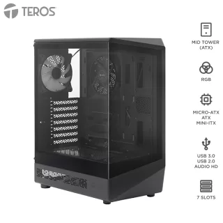 Case Gamer Teros TE-1321G, Mid Tower, USB 3.0 / USB 2.0, Audio, Ventilador RGB, Negro