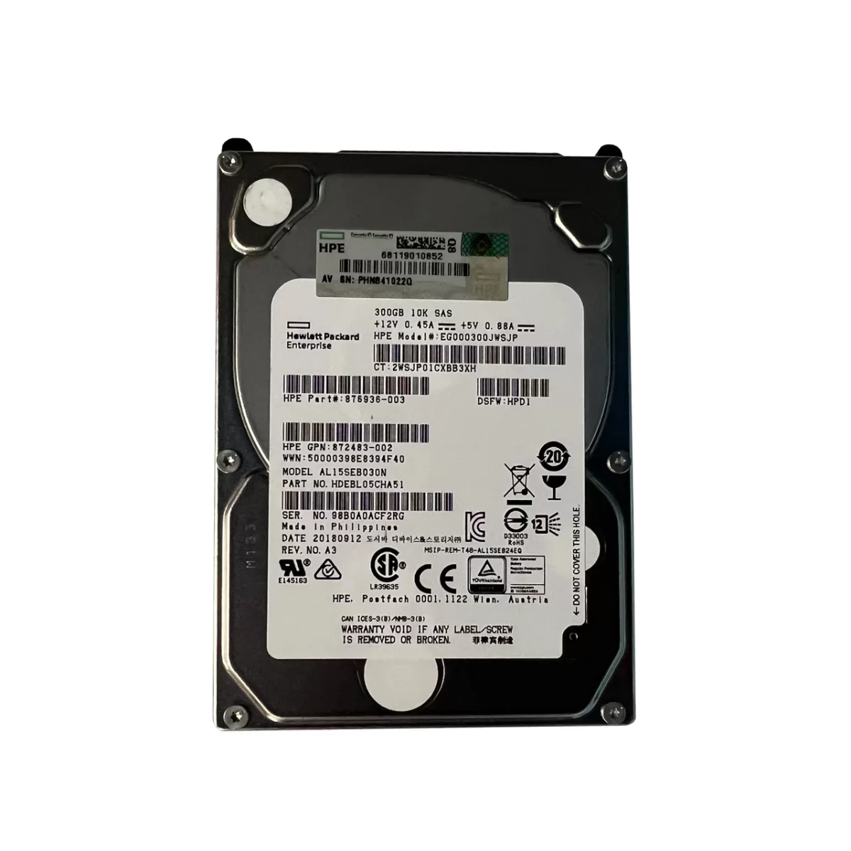 Disco Duro HPE 300GB SAS 12Gbps 10K RPM 2.5" SFF 876936-003 872735-001 872475-B21 EG000300JWSJP Producto de Segundo Uso