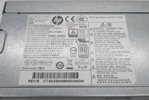 Fuente HP HP L08417-002 4-Pin 250W SFF ProDesk 800 G4 Pavilion 590 - Retirado de Equipo en Uso Garantia 12 Meses