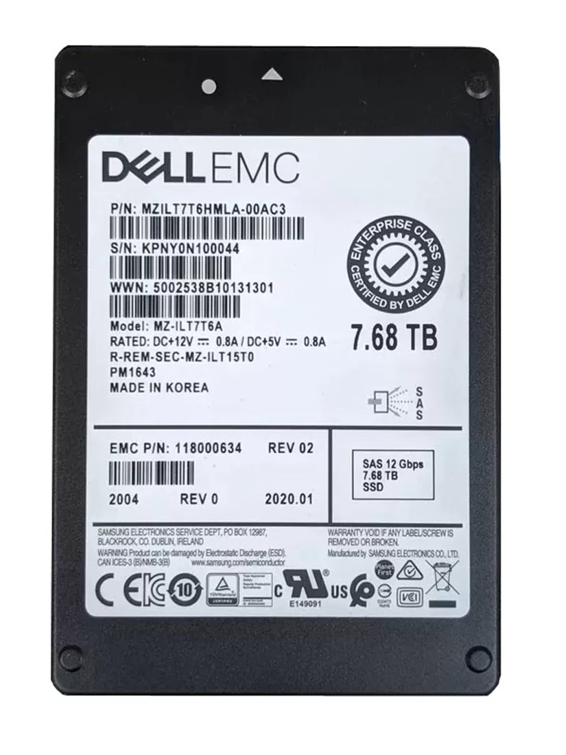DISCO SSD SAMSUNG 7.68TB SAS 12GB/S DUAL PORT 2.5" SFF PM1643 READ INTENSIVE MZILT7T6HMLA-000C3 DELL 118000634 RVYD5 PRODUCTO DE SEGUNDO USO