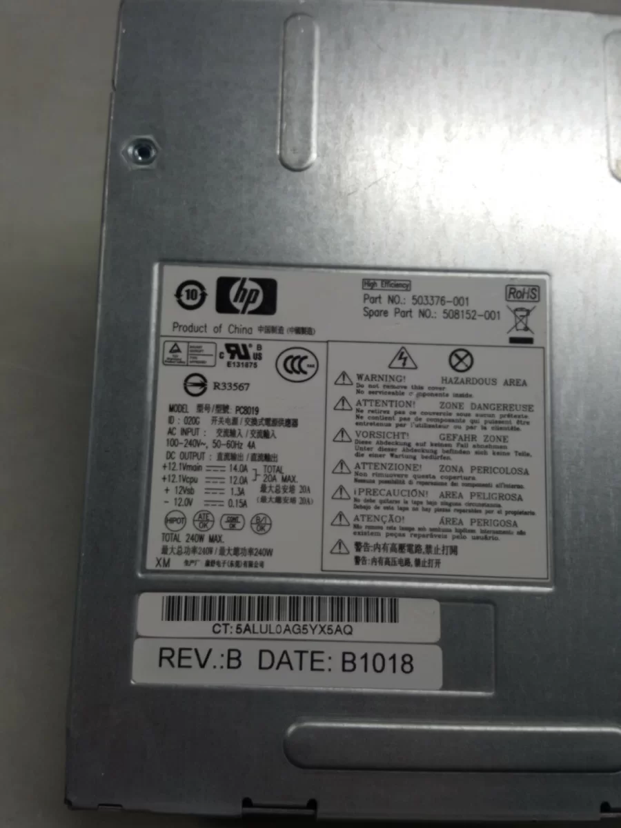 Fuente HP 503376-001 508152-001 PC8019 240W Retirado de Equipo en Uso Garantia 12 Meses